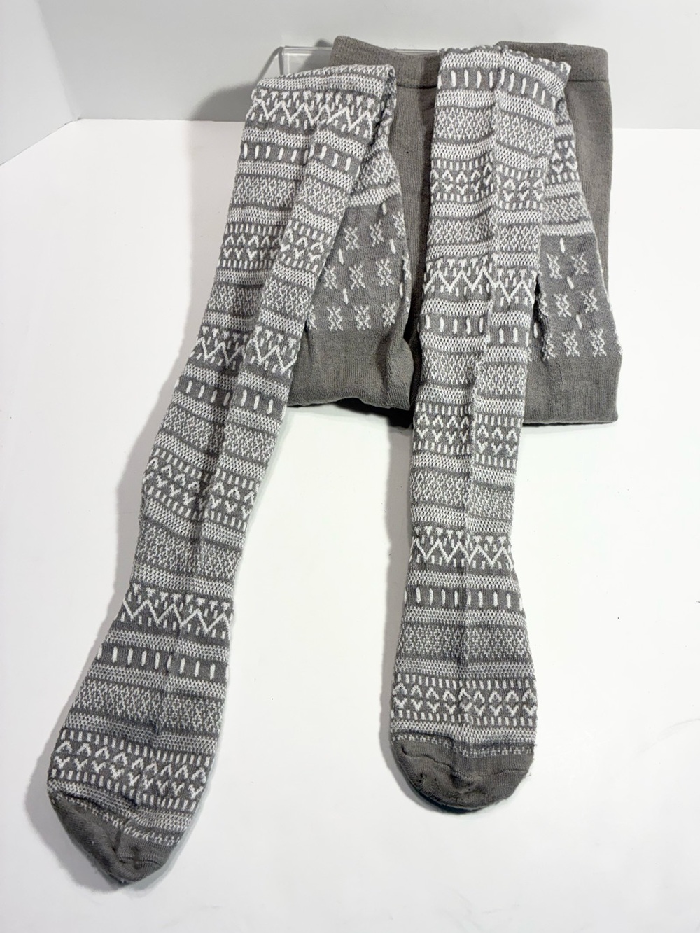 Y2K Fair Isle Thick Knit Tights Gray White Size M/L
